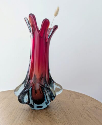 vase en verre de murano bi color rouge et turquoise