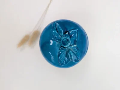 Vue de dessus d'une boîte ronde en céramique barbotine bleu turquoise avec couvercle orné de feuilles et d'une fleur en relief.