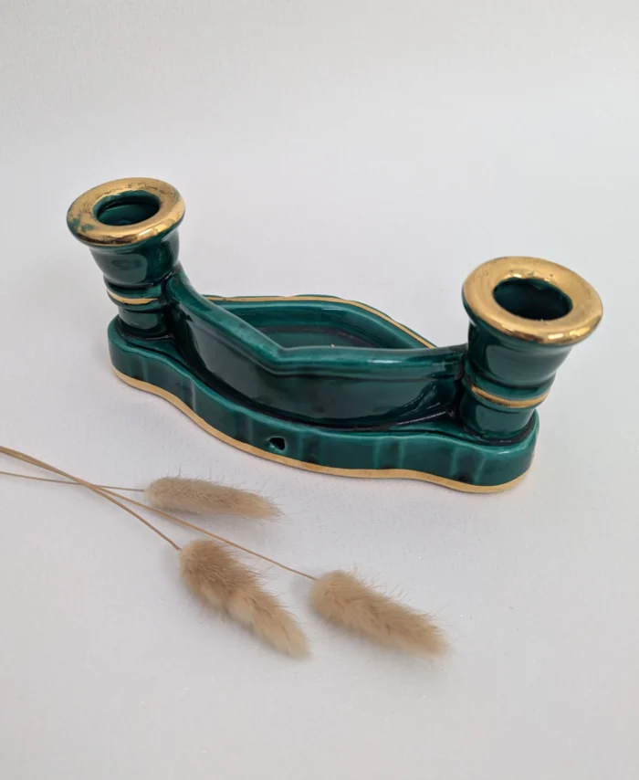 Bougeoir en barbotine vert double flambeau