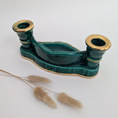 Bougeoir en barbotine vert double flambeau
