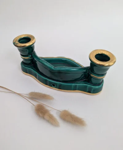 Bougeoir en barbotine vert double flambeau