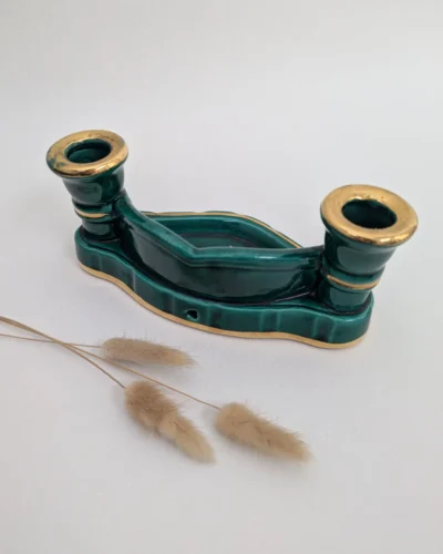 Bougeoir en barbotine vert double flambeau