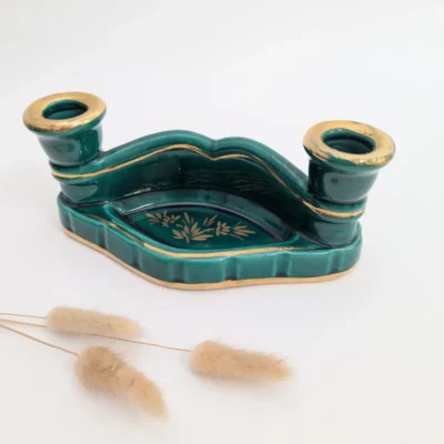 Bougeoir en barbotine vert double flambeau