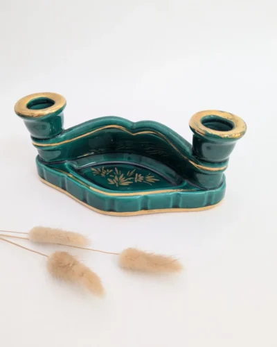 Bougeoir en barbotine vert double flambeau