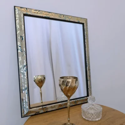 Miroir vintage 80 décor imprimé fleurs vertes et dorées