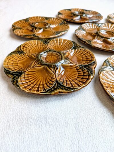 Service 6 assiettes huîtres Sarreguemines barbotine émaillée majolique vintage Villa Brieg
