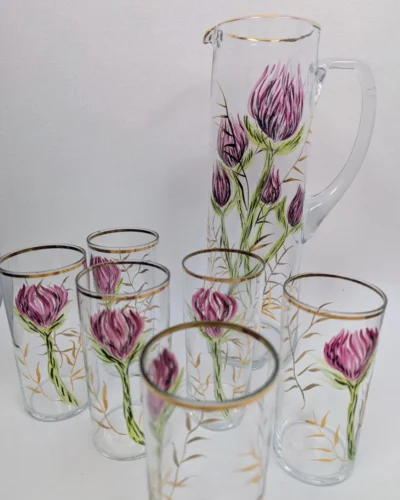 Service à orangeade composé de 6 verres 1 carafe, motifs chardons peint main