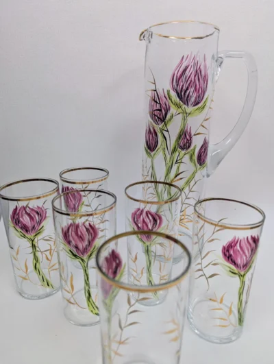 Service orangeade fleuri vintage en verre peint à la main décor floral et or.