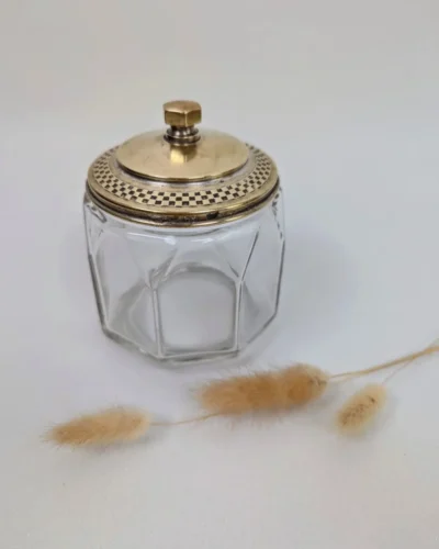 Sucrier ancien en verre facetté et métal doré vintage élégant