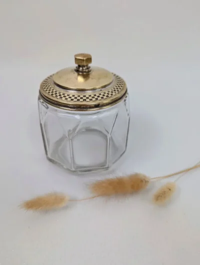 Sucrier ancien en verre facetté et métal doré vintage élégant