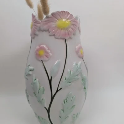 Vase Barbotine Fleurs Blanc Vert Rose Jaune
