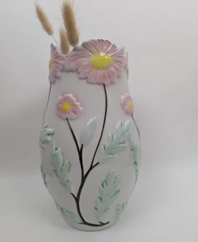 Vase Barbotine Fleurs Blanc Vert Rose Jaune