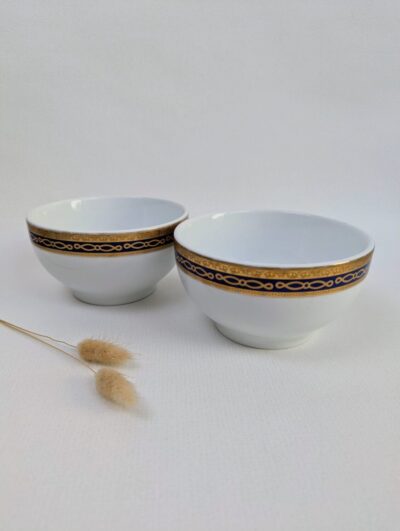 Paire de bols anciens style Empire en porcelaine blanche, liseré bleu marine et dorures fines, 14 cm.