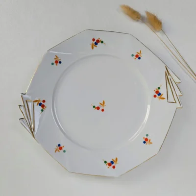 Plat à dessert en porcelaine blanche motifs fleurs colorées