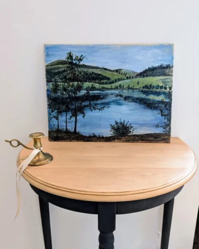 Peinture sur toile représentant un paysage de lac