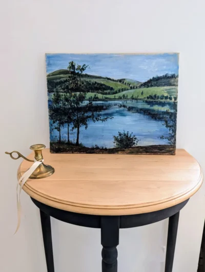 Peinture paysage montagne et lac ancienne aux tons vert et bleu