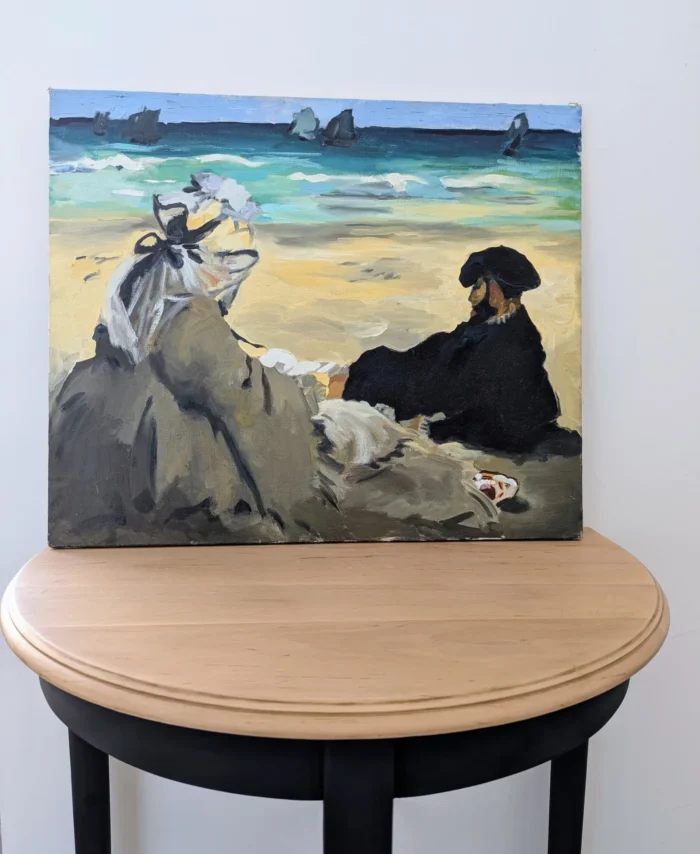 Peinture sur toile, reproduction de la toile Sur la plage de Manet.