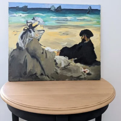 Peinture sur toile, reproduction de la toile Sur la plage de Manet.