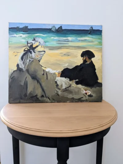 Peinture sur toile, reproduction de la toile Sur la plage de Manet.