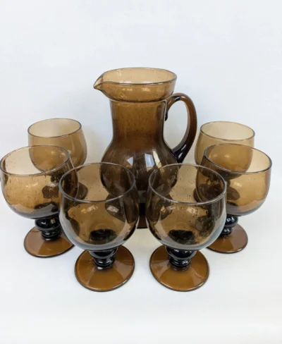 Service à orangeade vintage années 70 en verre soufflé et fumé