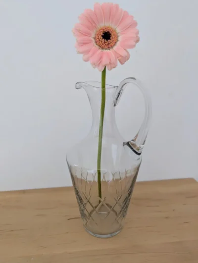 Carafe en verre ciselé vintage, aiguière élancée avec motifs géométriques, vase soliflore transparent pour fleurs séchées.