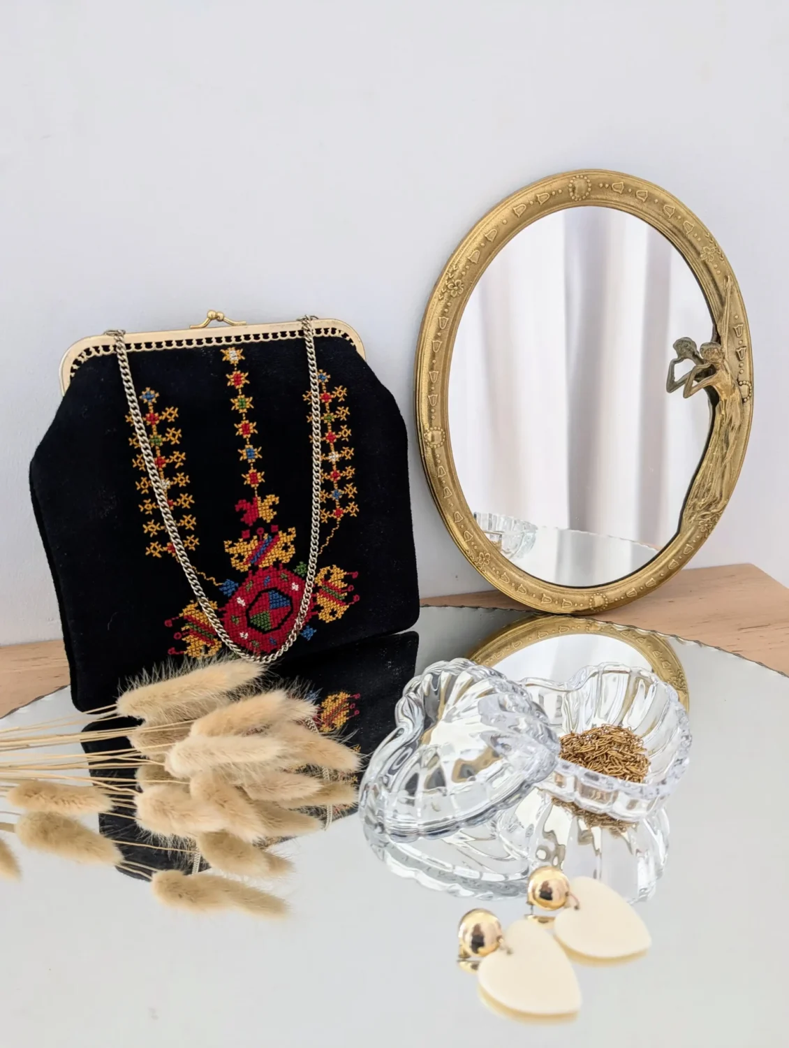 miroir art nouveau sac à main vintage boîte en cristal
