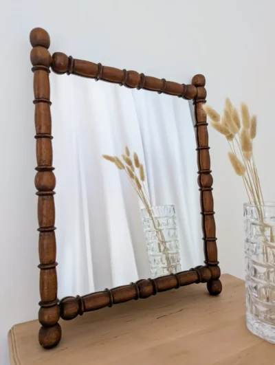 Miroir en bois bambou vintage cadre effet boules années 60