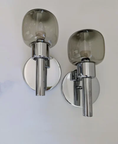 paire d'appliques vintage en chrome et verre fumé