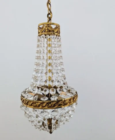 Lustre montgolfière à pampilles vintage verre et métal doré - Villa Brieg