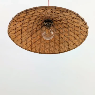 Suspension rotin vintage brodée, conique restaurée