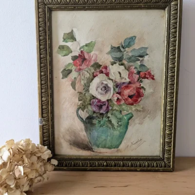 Aquarelle ancienne bouquet de fleurs signée A.Hourlier