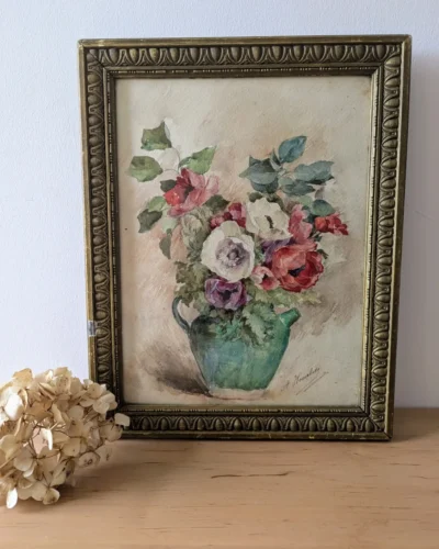 Aquarelle ancienne bouquet de fleurs signée A.Hourlier