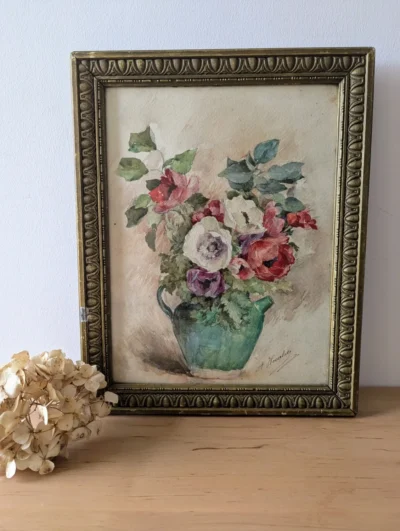 Aquarelle ancienne bouquet de fleurs signée A.Hourlier