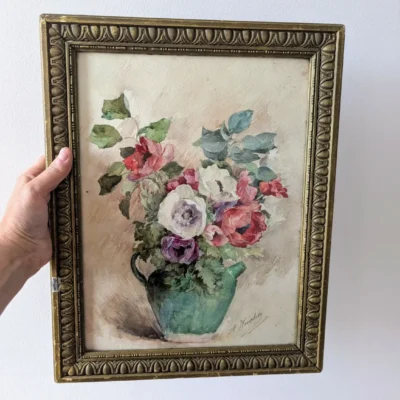 Aquarelle ancienne bouquet de fleurs signée A.Hourlier