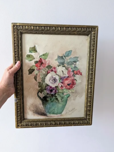 Aquarelle ancienne bouquet de fleurs signée A.Hourlier
