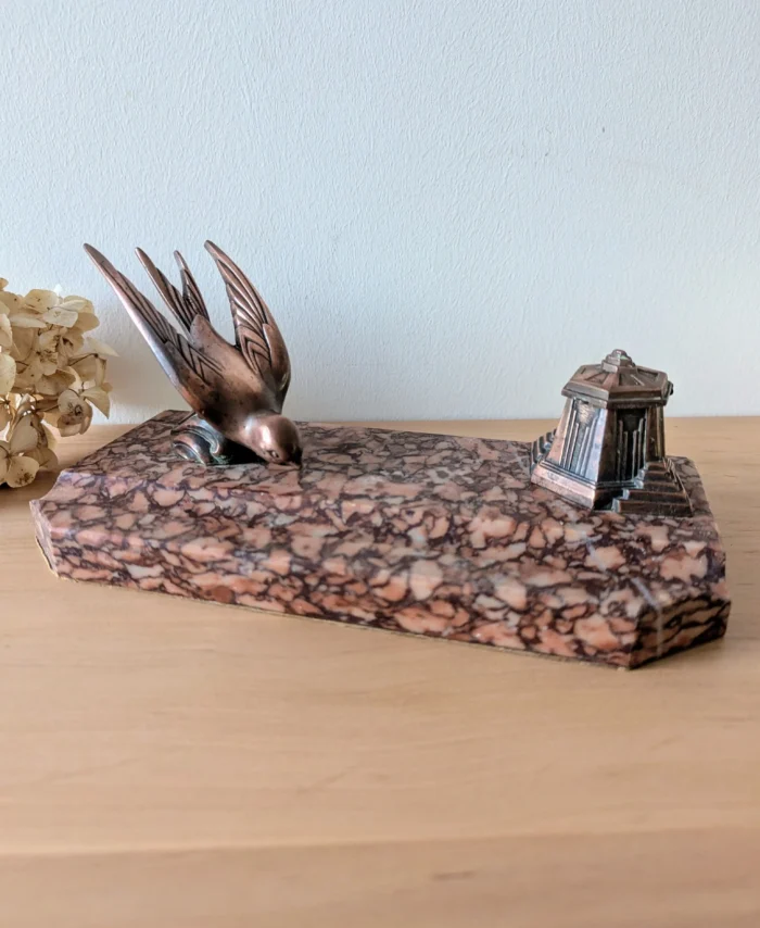 encrier ancien marbre rose et cuivre