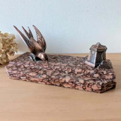 encrier ancien marbre rose et cuivre