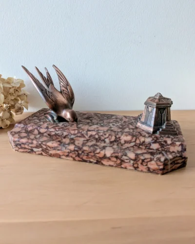 encrier ancien marbre rose et cuivre