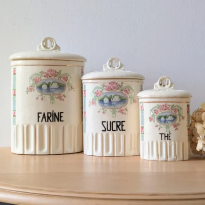 Ensemble de pots anciens farine sucre thé faïence française années 1930