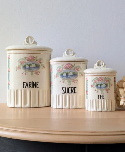 Ensemble de pots anciens farine sucre thé faïence française années 1930