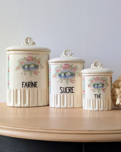 Ensemble de pots anciens farine sucre thé faïence française années 1930