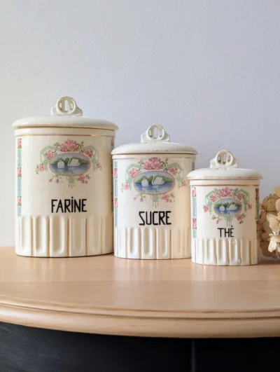 Ensemble de pots anciens farine sucre thé faïence française années 1930