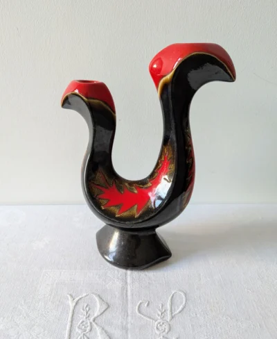 Bougeoir vintage en céramique rouge noir sculptural