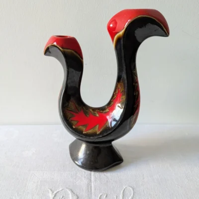 Bougeoir vintage en céramique rouge noir sculptural