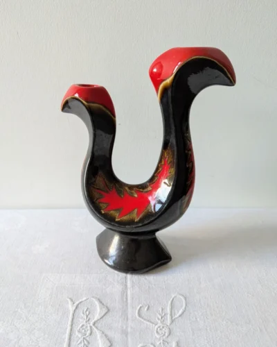 Bougeoir vintage en céramique rouge noir sculptural