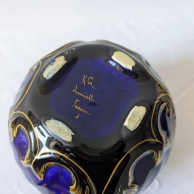 Cache-pot ancien en faïence bleu cobalt et or signé KG Lunéville France Villa Brieg