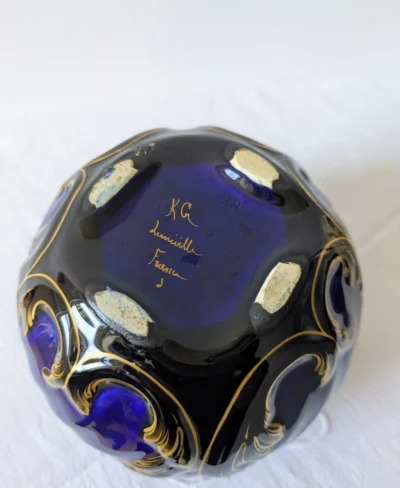 Cache-pot ancien en faïence bleu cobalt et or signé KG Lunéville France Villa Brieg