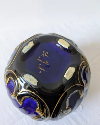 Cache-pot ancien en faïence bleu cobalt et or signé KG Lunéville France Villa Brieg