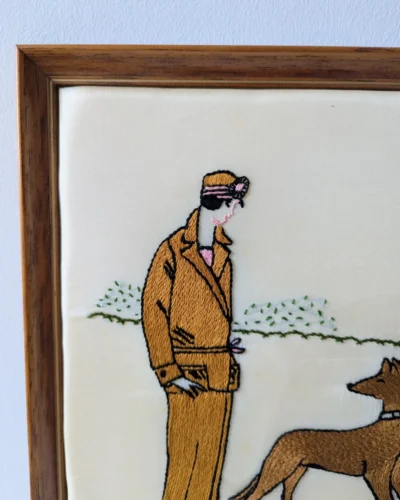 Détails Cadre brodé main femme Art déco sur soie crème