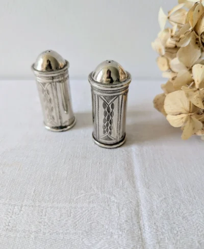 Salière et poivrière anciennes en métal argenté avec fleurs séchées